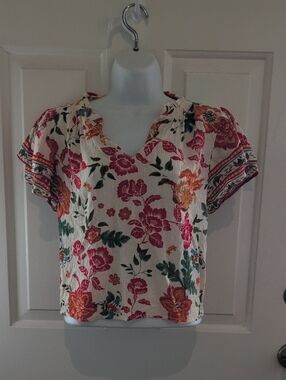 Floral V-Neck Short Sleeve Blouse - Cream with Pink & Orange Floral